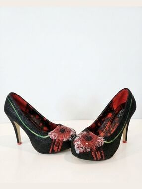 Iron Fist Night Walker Black Crackle Platform Pumps Red Sequin Flower Heels 9
